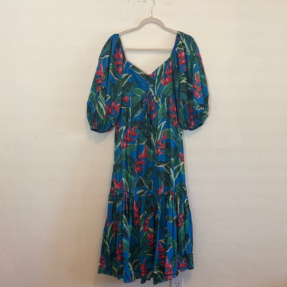Farm Rio xs Blue Tropical Print Women’s Puff Sleeve Midi Dress